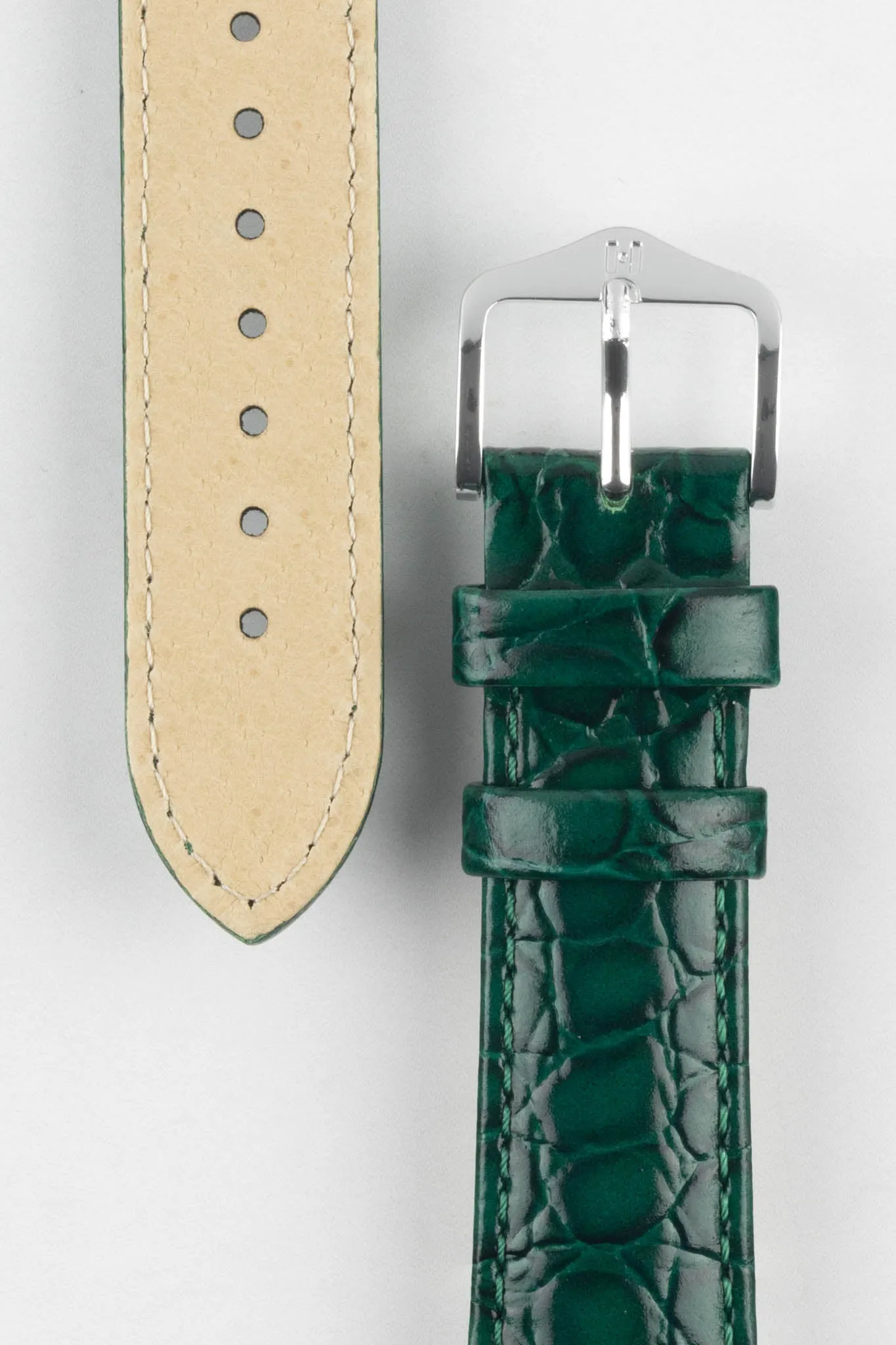 Hirsch CROCOGRAIN NQR Crocodile Embossed Leather Watch Strap in GREEN