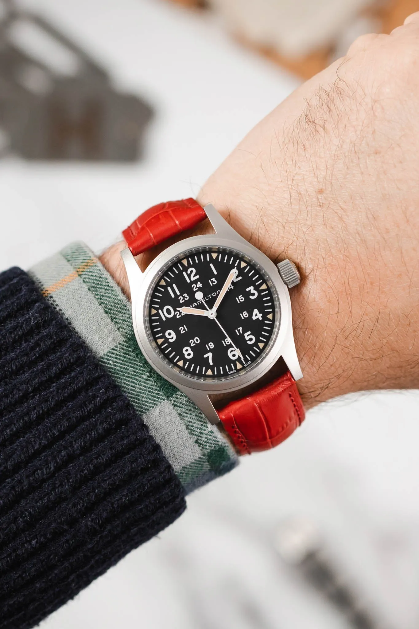 Hirsch DUKE Alligator Embossed Leather Watch Strap in RED