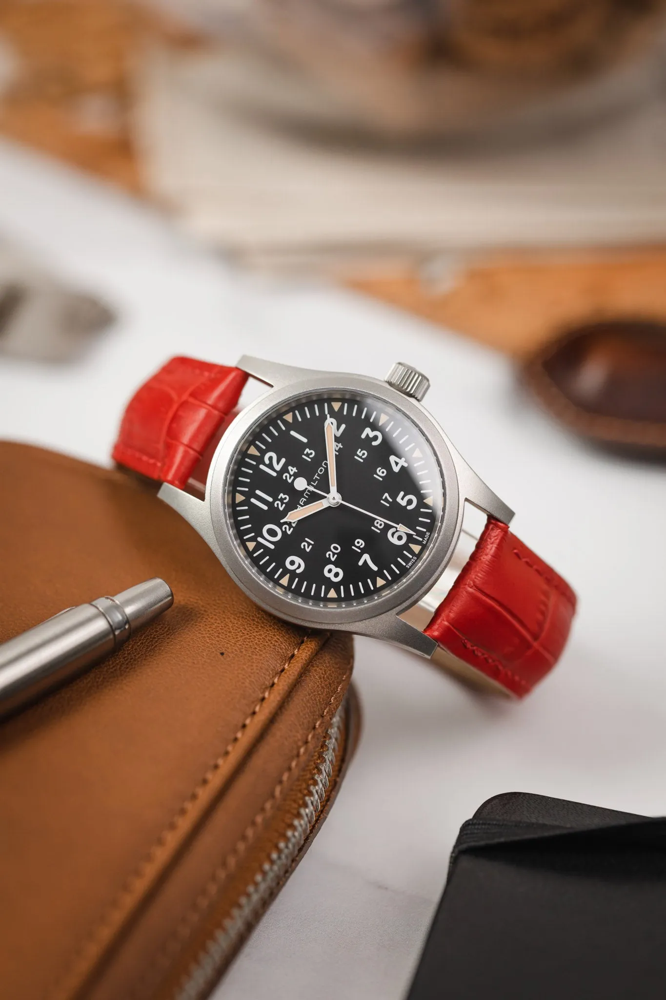 Hirsch DUKE Alligator Embossed Leather Watch Strap in RED