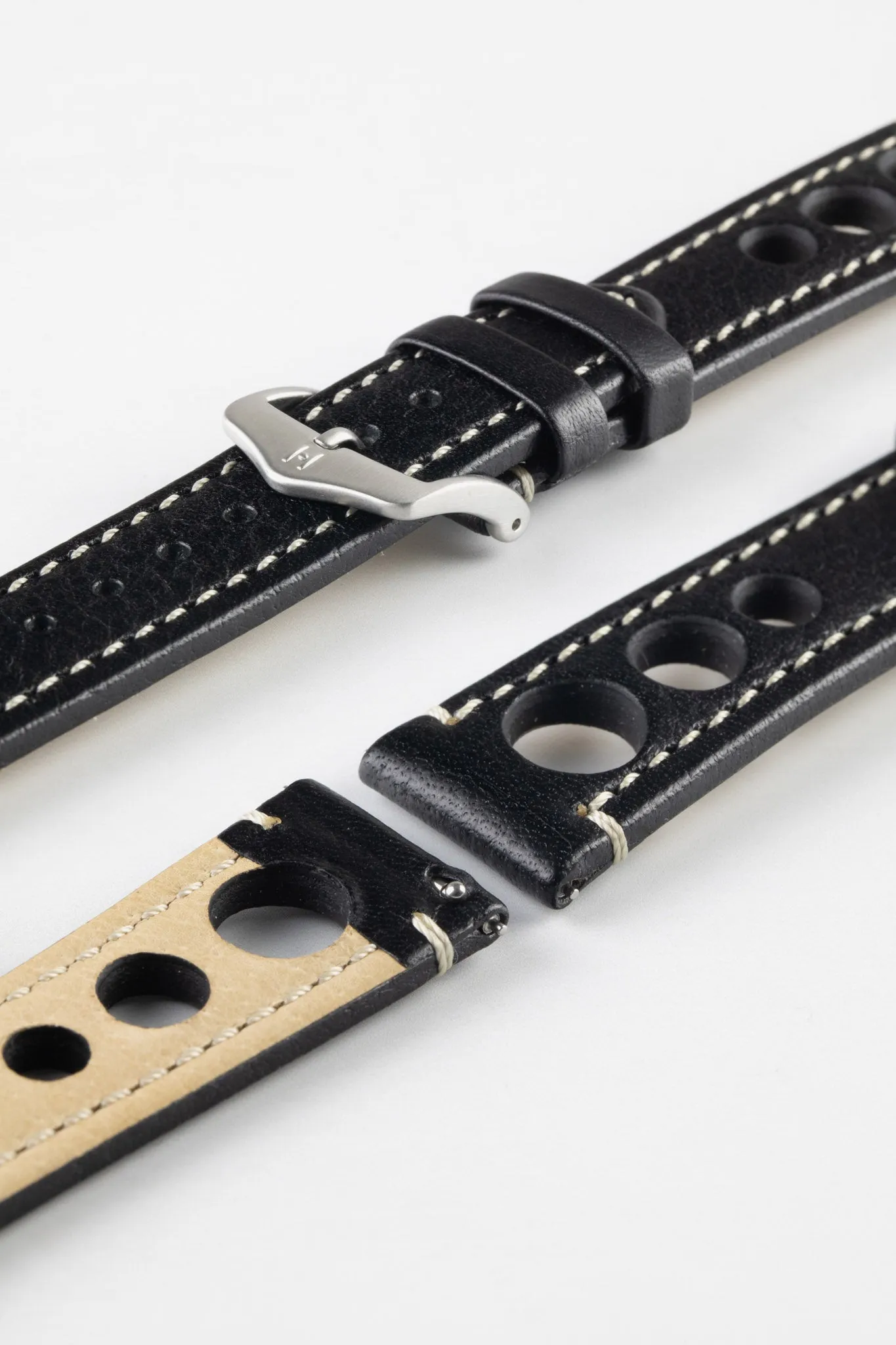 Hirsch RALLY Natural Leather Racing Watch Strap in BLACK & WHITE