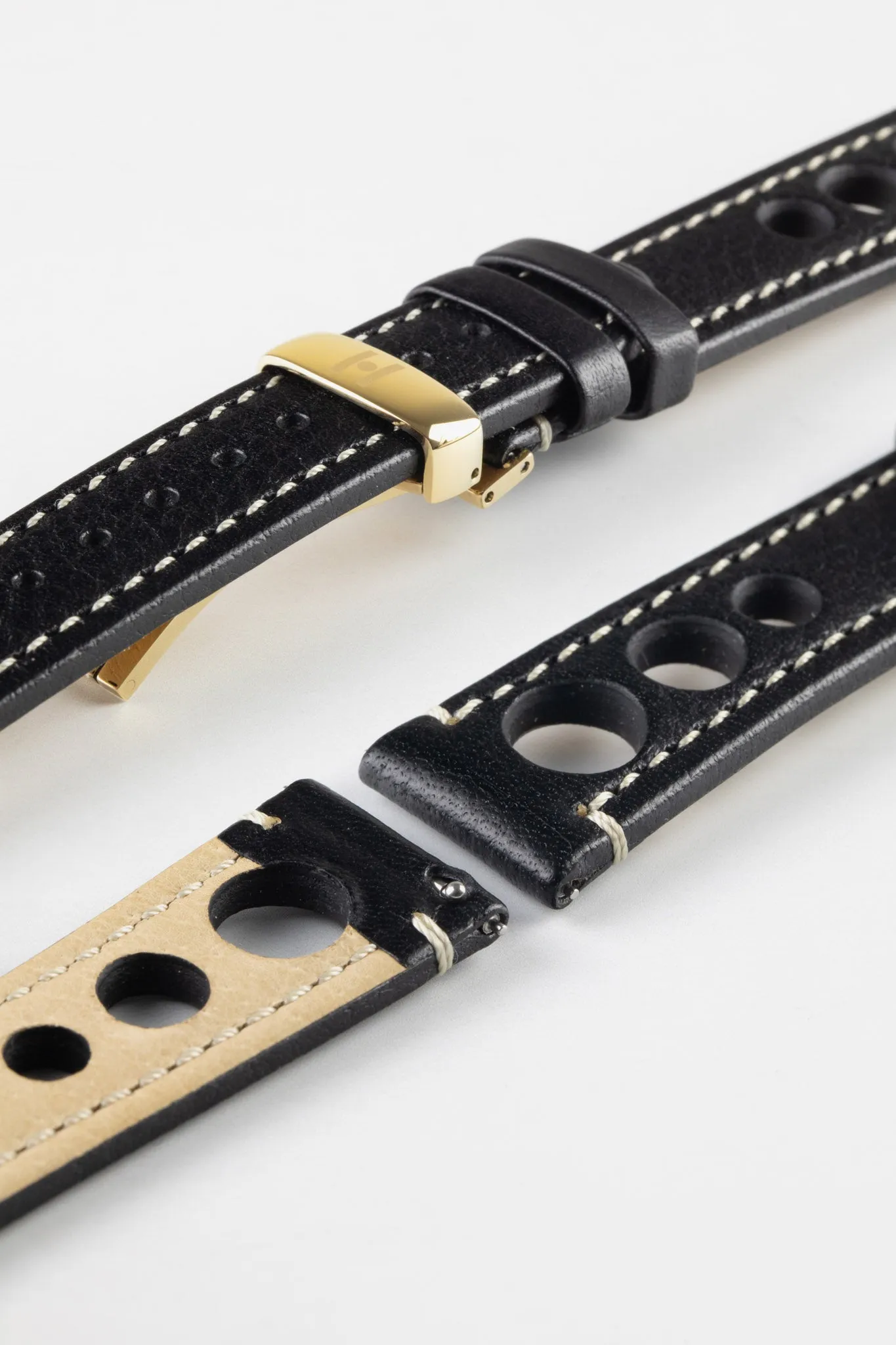 Hirsch RALLY Natural Leather Racing Watch Strap in BLACK & WHITE