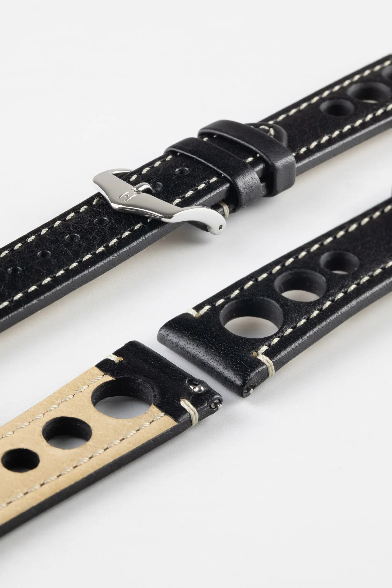 Hirsch RALLY Natural Leather Racing Watch Strap in BLACK & WHITE