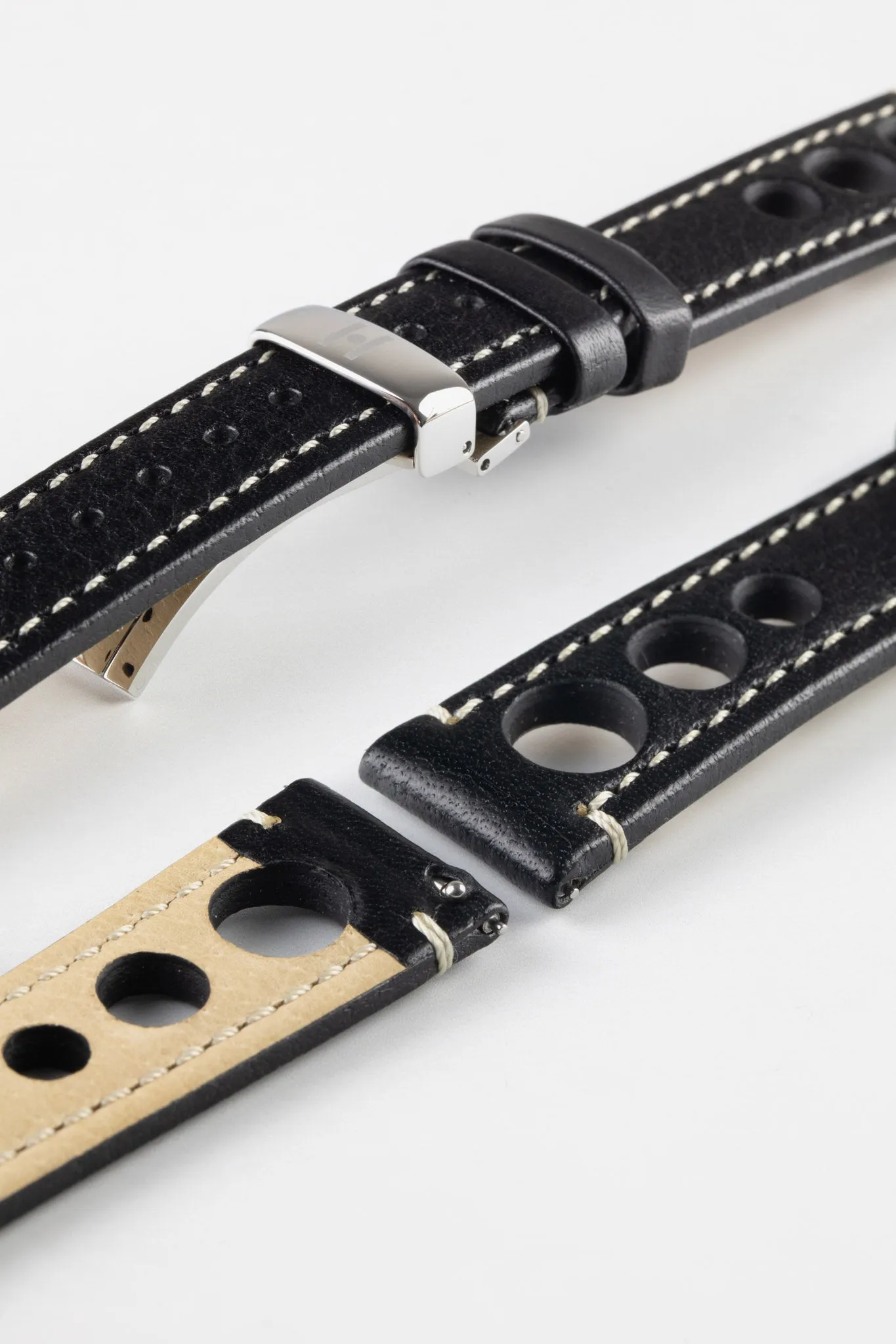 Hirsch RALLY Natural Leather Racing Watch Strap in BLACK & WHITE