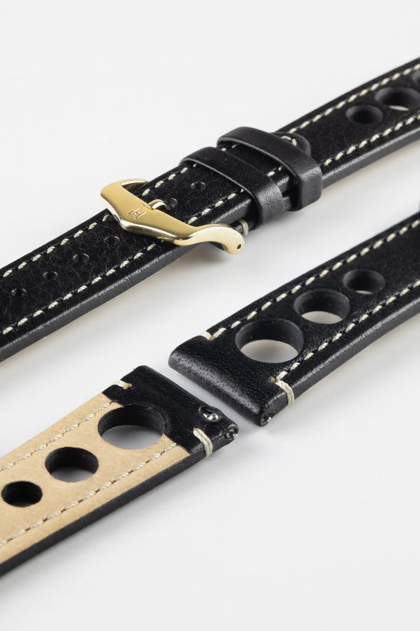 Hirsch RALLY Natural Leather Racing Watch Strap in BLACK & WHITE
