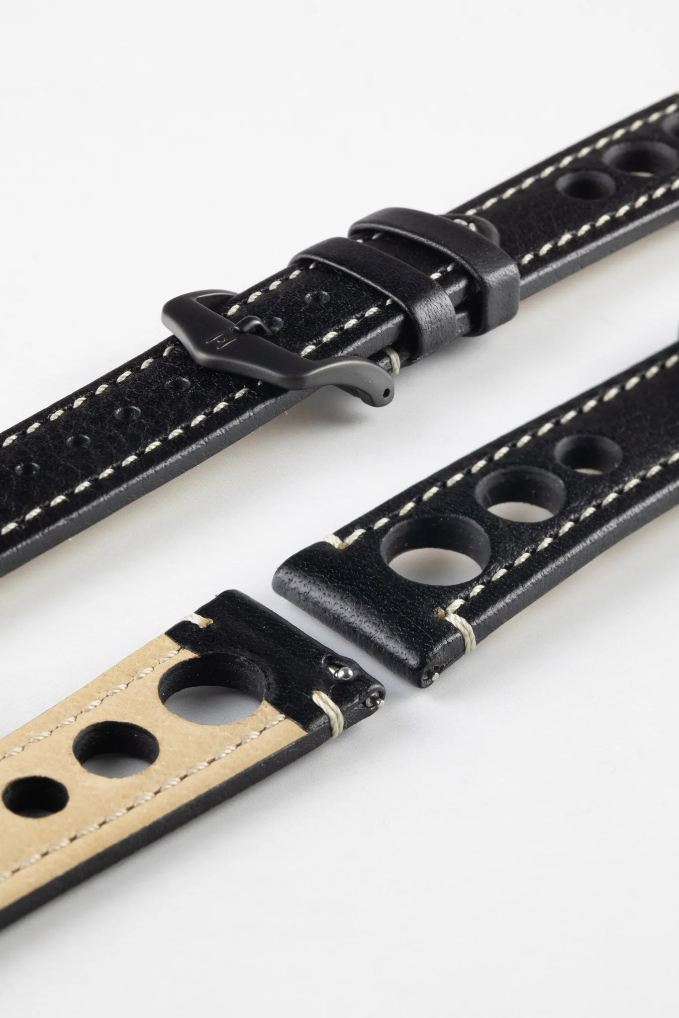 Hirsch RALLY Natural Leather Racing Watch Strap in BLACK & WHITE