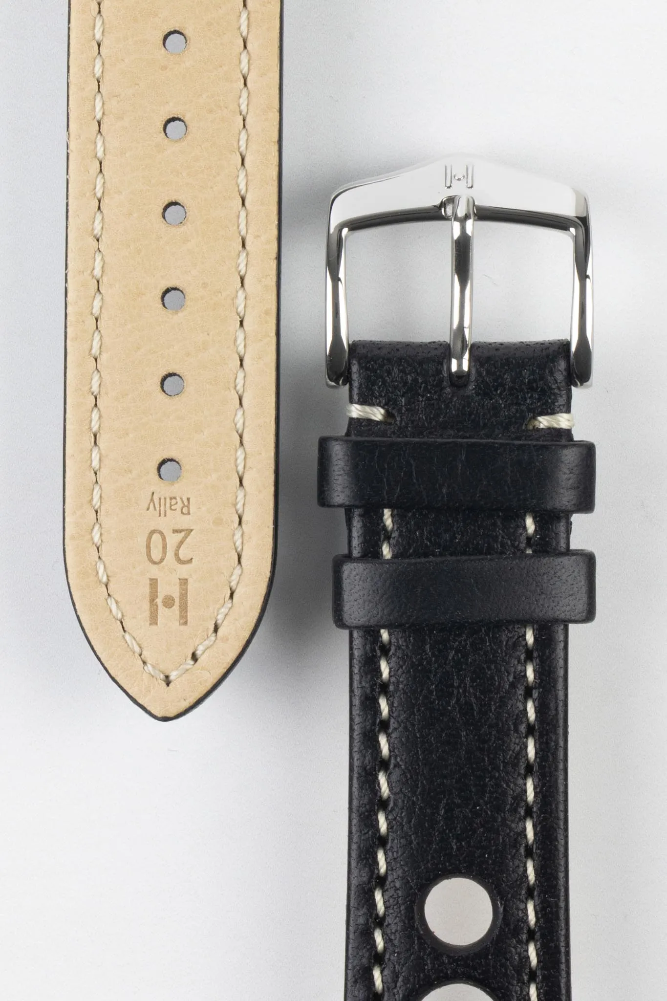 Hirsch RALLY Natural Leather Racing Watch Strap in BLACK & WHITE