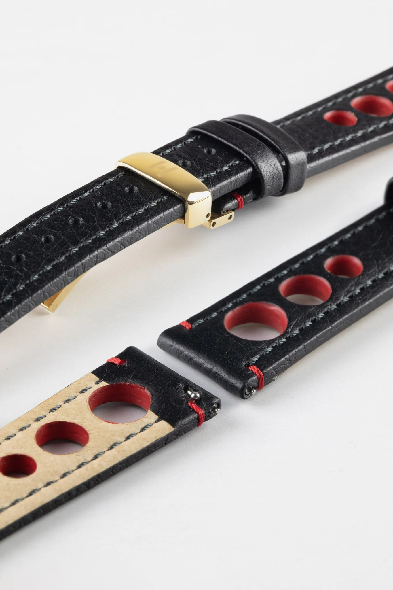 Hirsch RALLY Natural Leather Racing Watch Strap in BLACK / RED