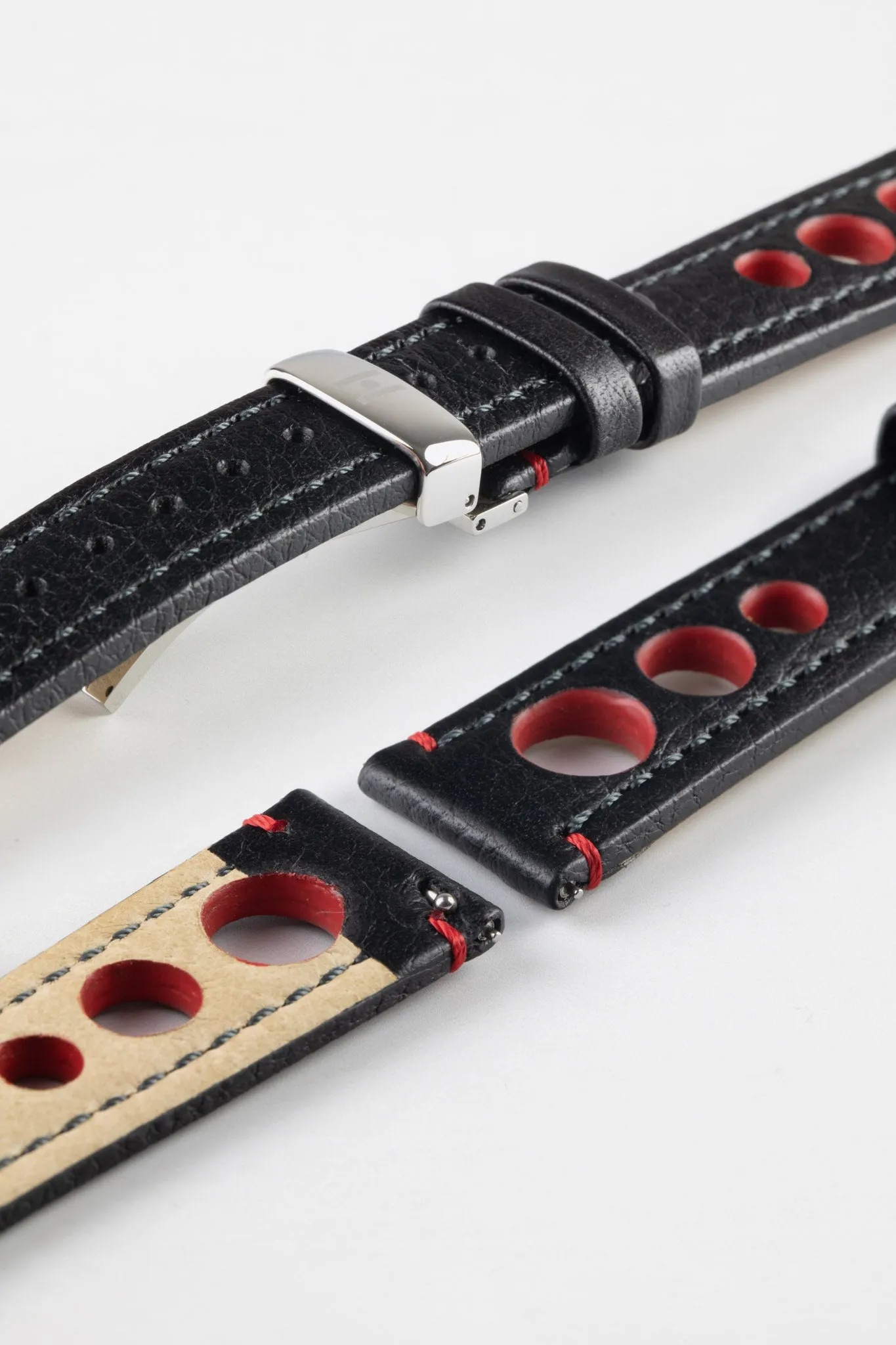 Hirsch RALLY Natural Leather Racing Watch Strap in BLACK / RED