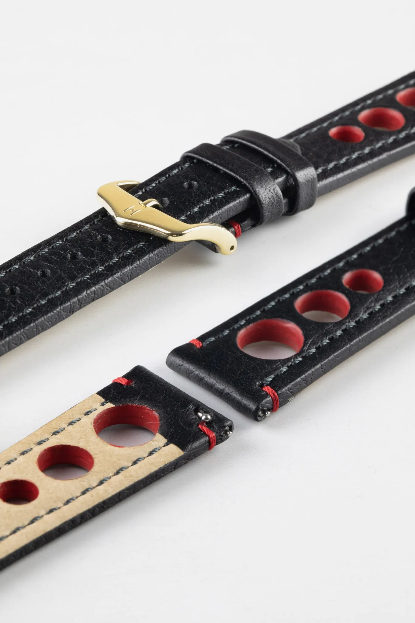 Hirsch RALLY Natural Leather Racing Watch Strap in BLACK / RED