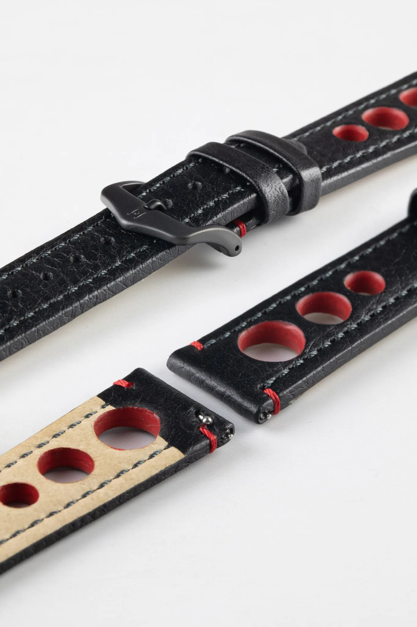 Hirsch RALLY Natural Leather Racing Watch Strap in BLACK / RED