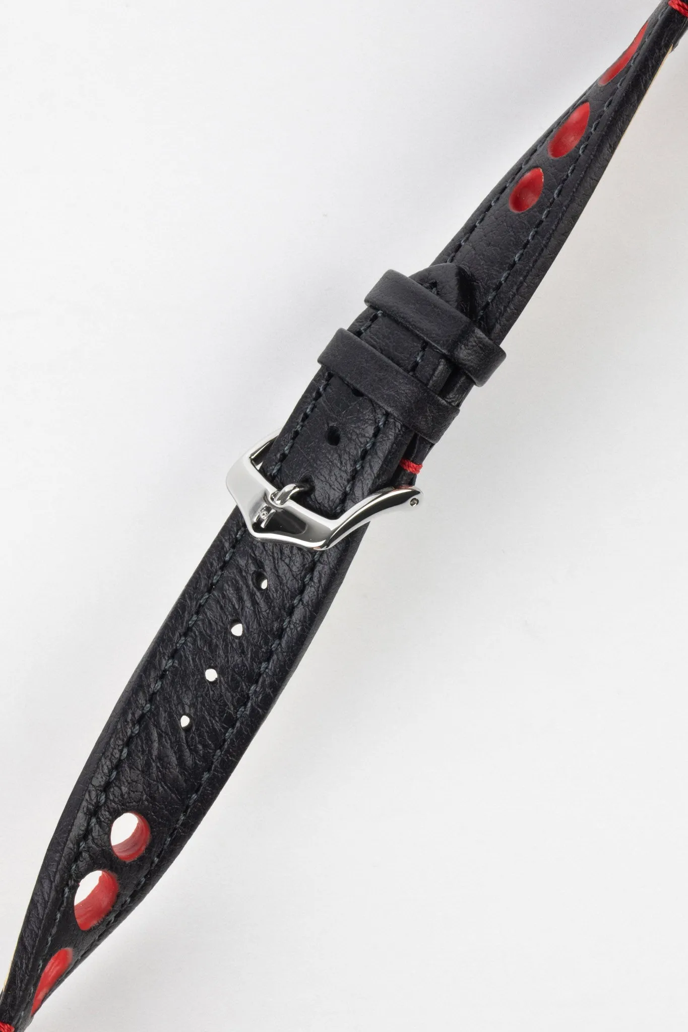 Hirsch RALLY Natural Leather Racing Watch Strap in BLACK / RED