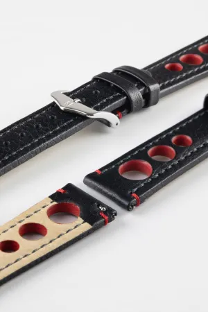 Hirsch RALLY Natural Leather Racing Watch Strap in BLACK / RED