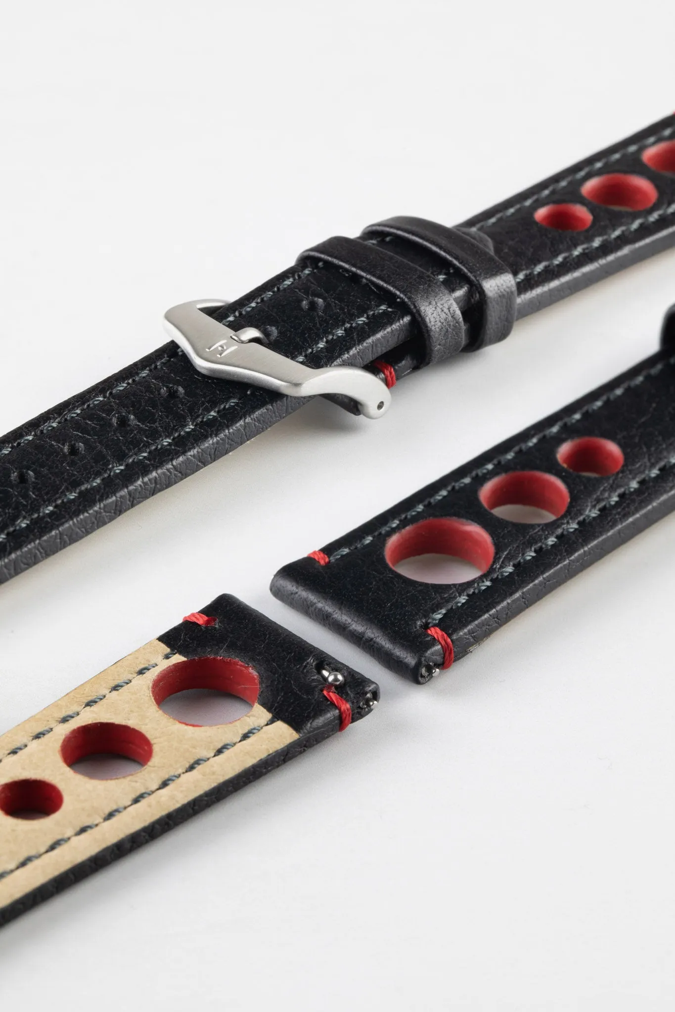 Hirsch RALLY Natural Leather Racing Watch Strap in BLACK / RED