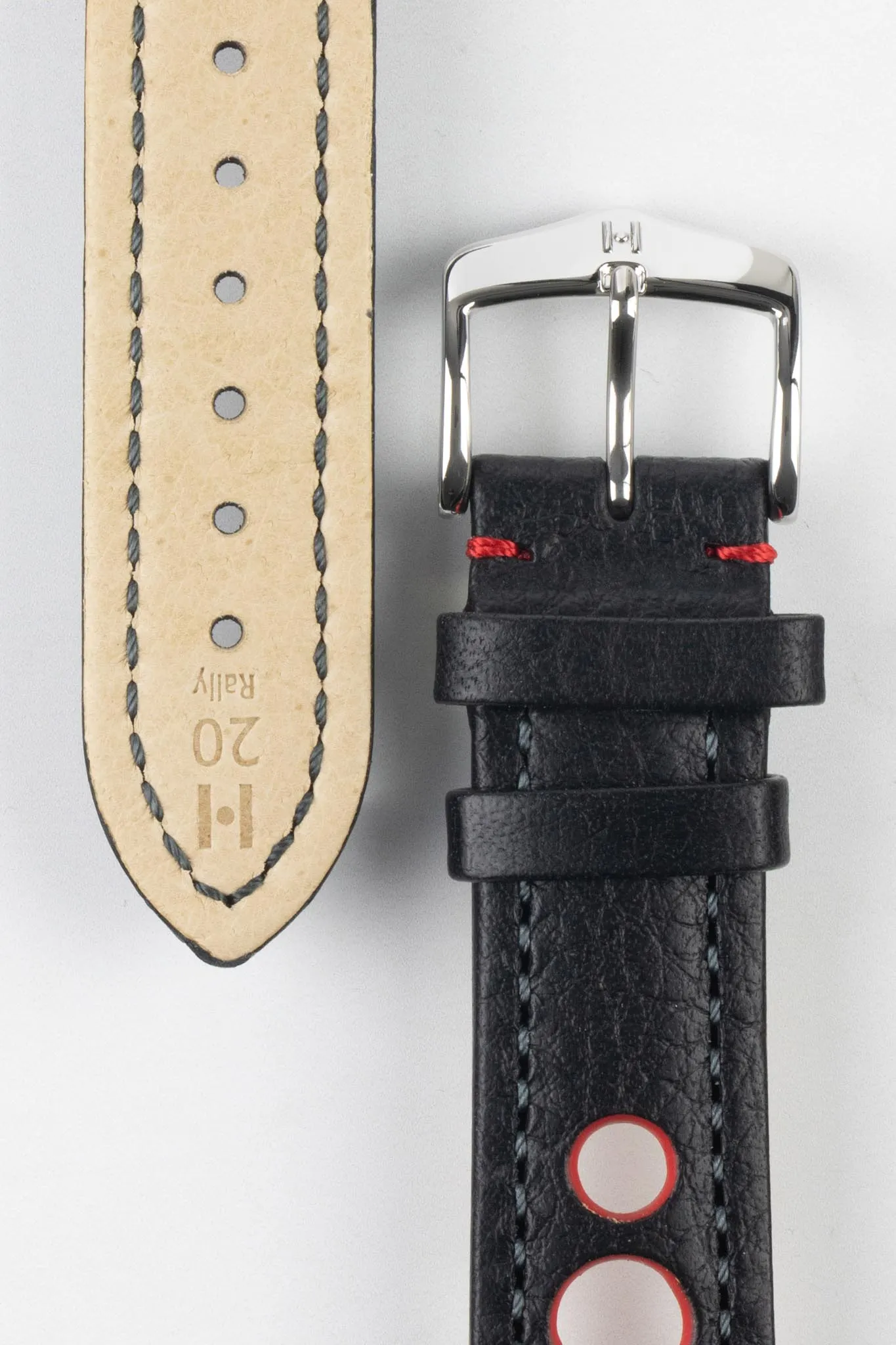 Hirsch RALLY Natural Leather Racing Watch Strap in BLACK / RED