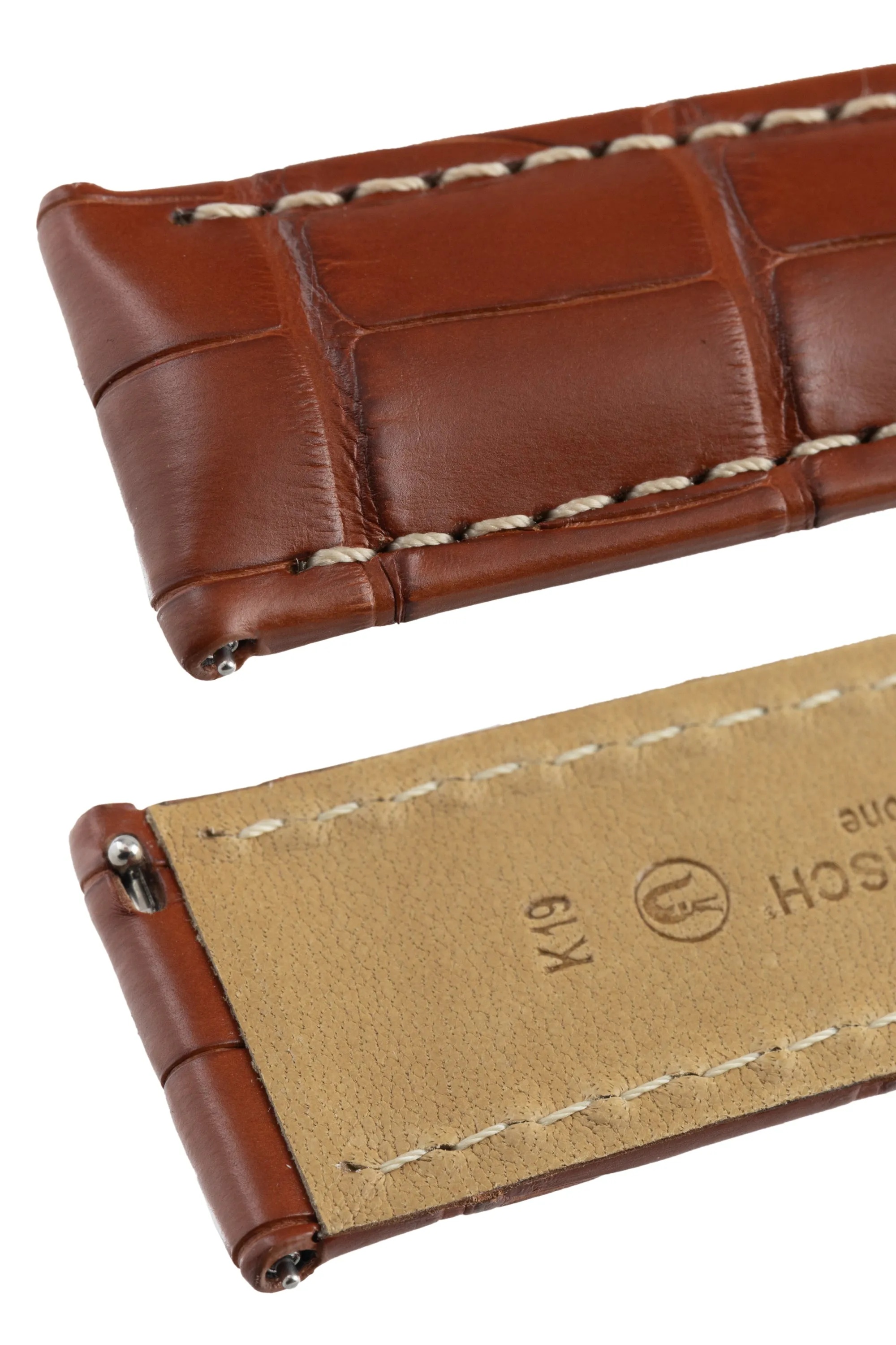 Hirsch TRITONE Padded Alligator Leather Watch Strap in GOLD BROWN With WHITE Stitching