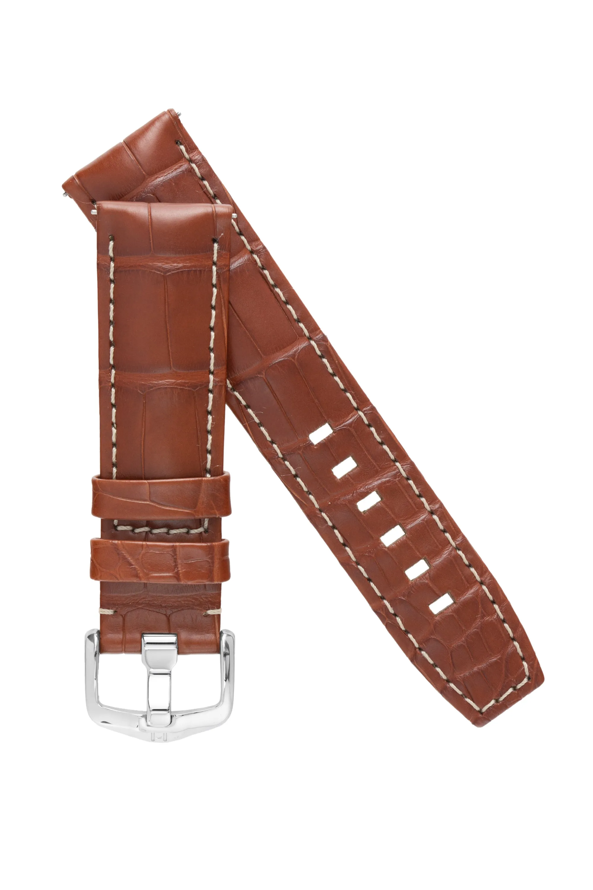 Hirsch TRITONE Padded Alligator Leather Watch Strap in GOLD BROWN With WHITE Stitching