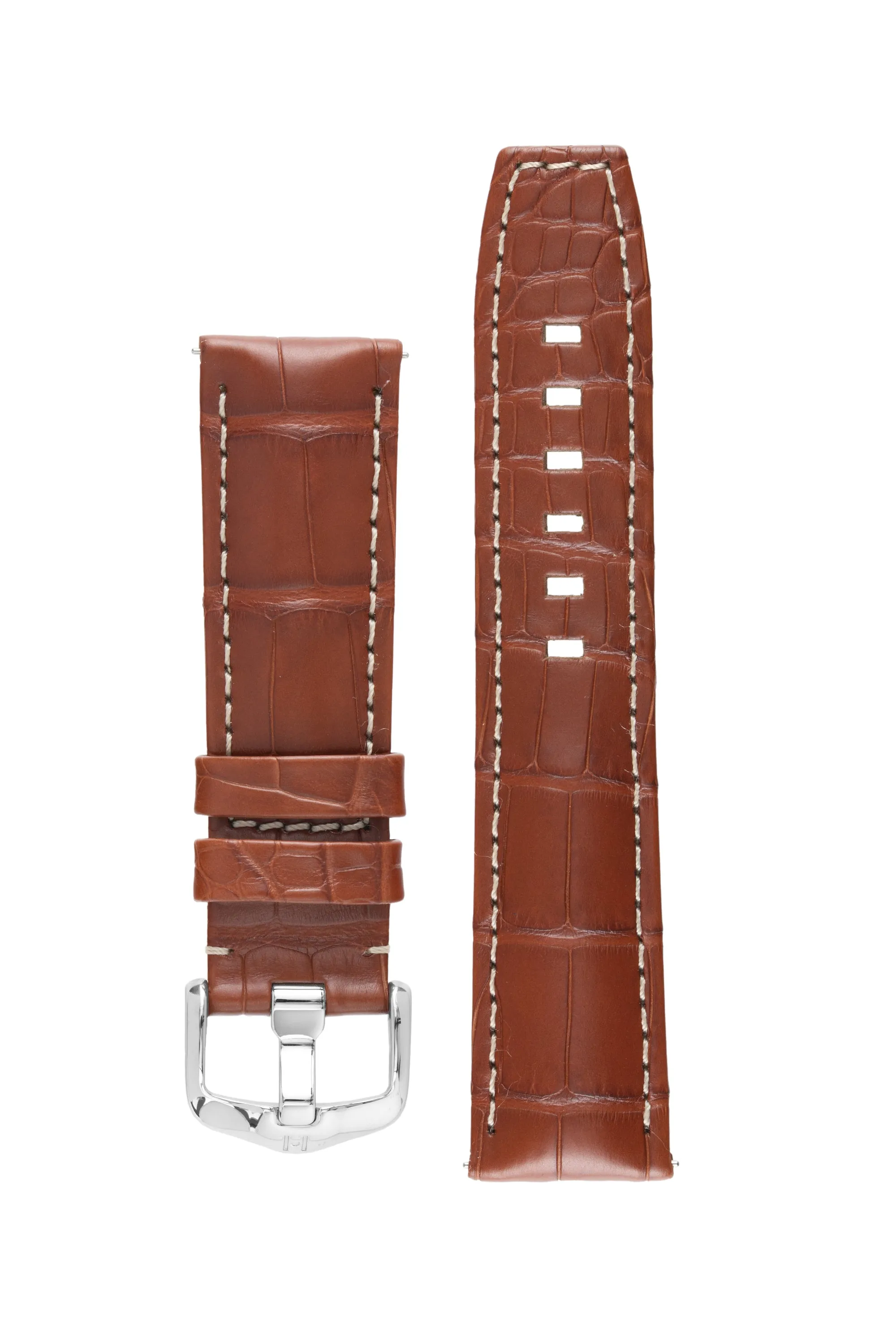 Hirsch TRITONE Padded Alligator Leather Watch Strap in GOLD BROWN With WHITE Stitching