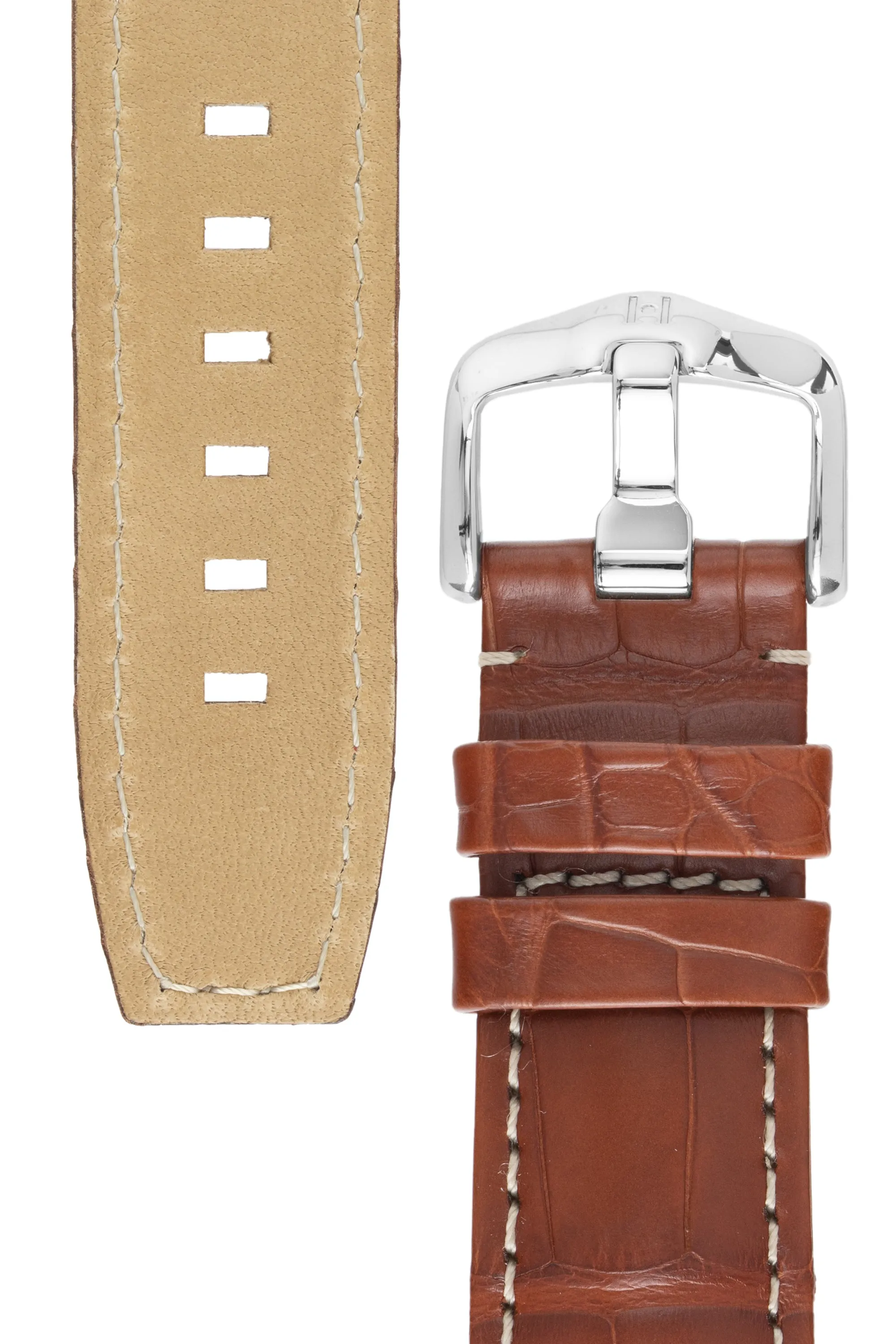 Hirsch TRITONE Padded Alligator Leather Watch Strap in GOLD BROWN With WHITE Stitching