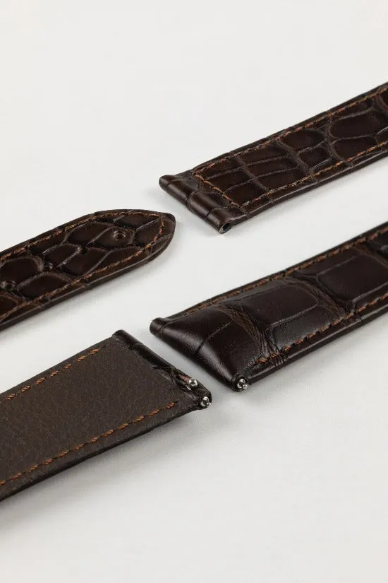 Hirsch VOYAGER Alligator Deployment Watch Strap in DARK BROWN