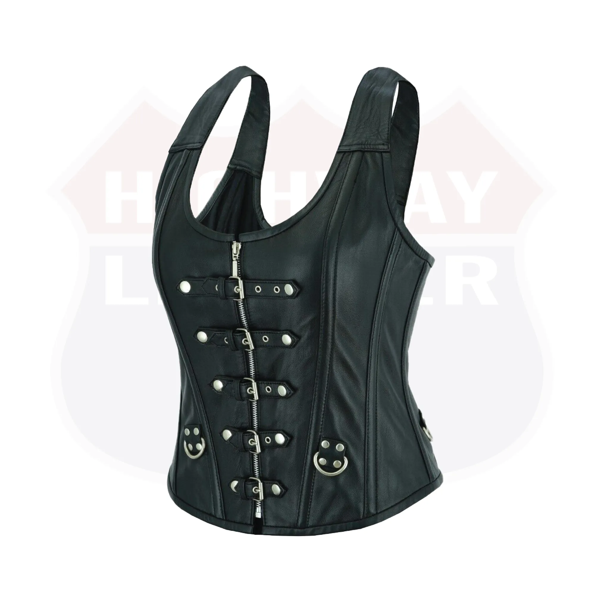HL14077BLACK Bustier Halter Shoulder Straps Womens Steel Boned Gothic Punk Rock with Buckles Steampunk Corset Top Genuine Leather Clubwear