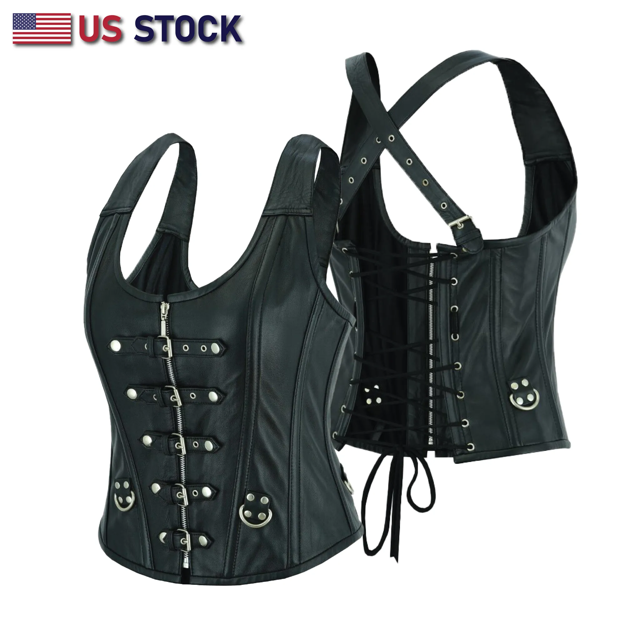 HL14077BLACK Bustier Halter Shoulder Straps Womens Steel Boned Gothic Punk Rock with Buckles Steampunk Corset Top Genuine Leather Clubwear