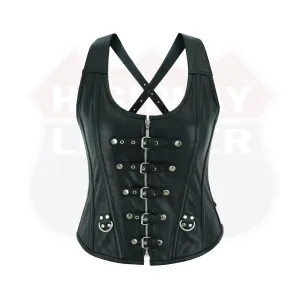 HL14077BLACK Bustier Halter Shoulder Straps Womens Steel Boned Gothic Punk Rock with Buckles Steampunk Corset Top Genuine Leather Clubwear