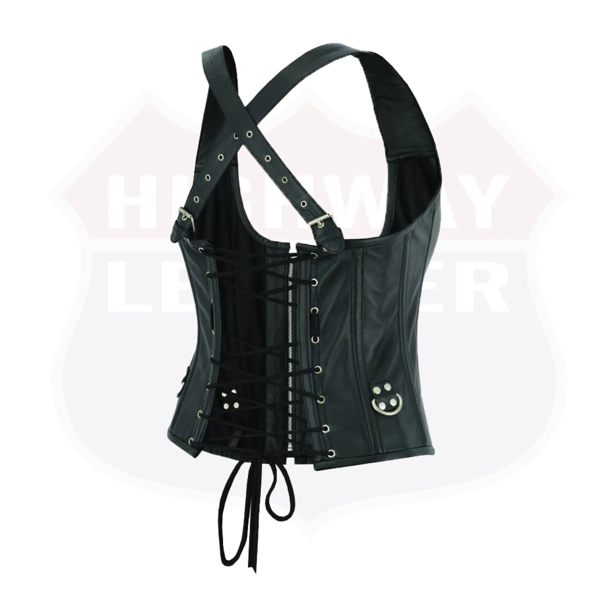 HL14077BLACK Bustier Halter Shoulder Straps Womens Steel Boned Gothic Punk Rock with Buckles Steampunk Corset Top Genuine Leather Clubwear