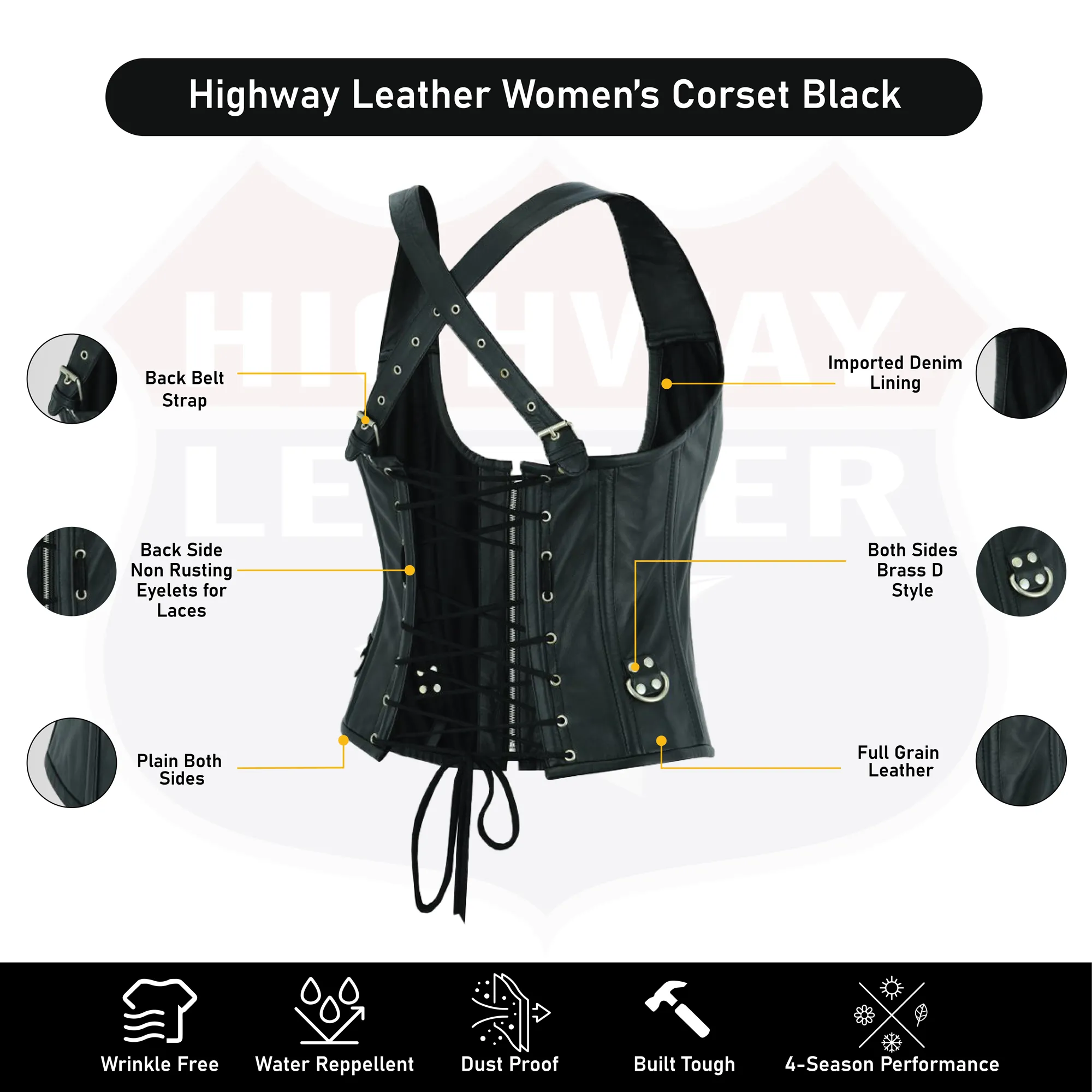 HL14077BLACK Bustier Halter Shoulder Straps Womens Steel Boned Gothic Punk Rock with Buckles Steampunk Corset Top Genuine Leather Clubwear