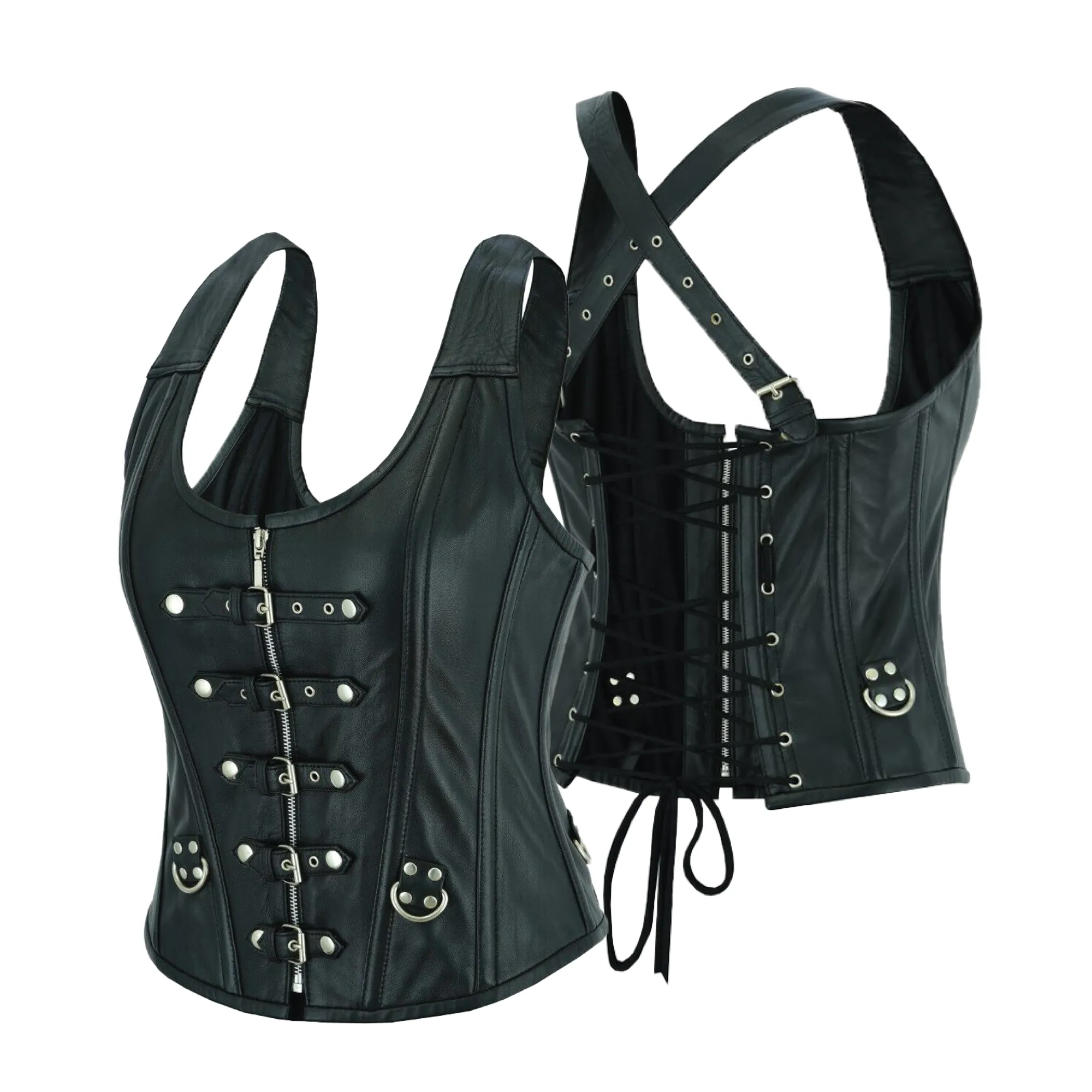 HL14077BLACK Bustier Halter Shoulder Straps Womens Steel Boned Gothic Punk Rock with Buckles Steampunk Corset Top Genuine Leather Clubwear