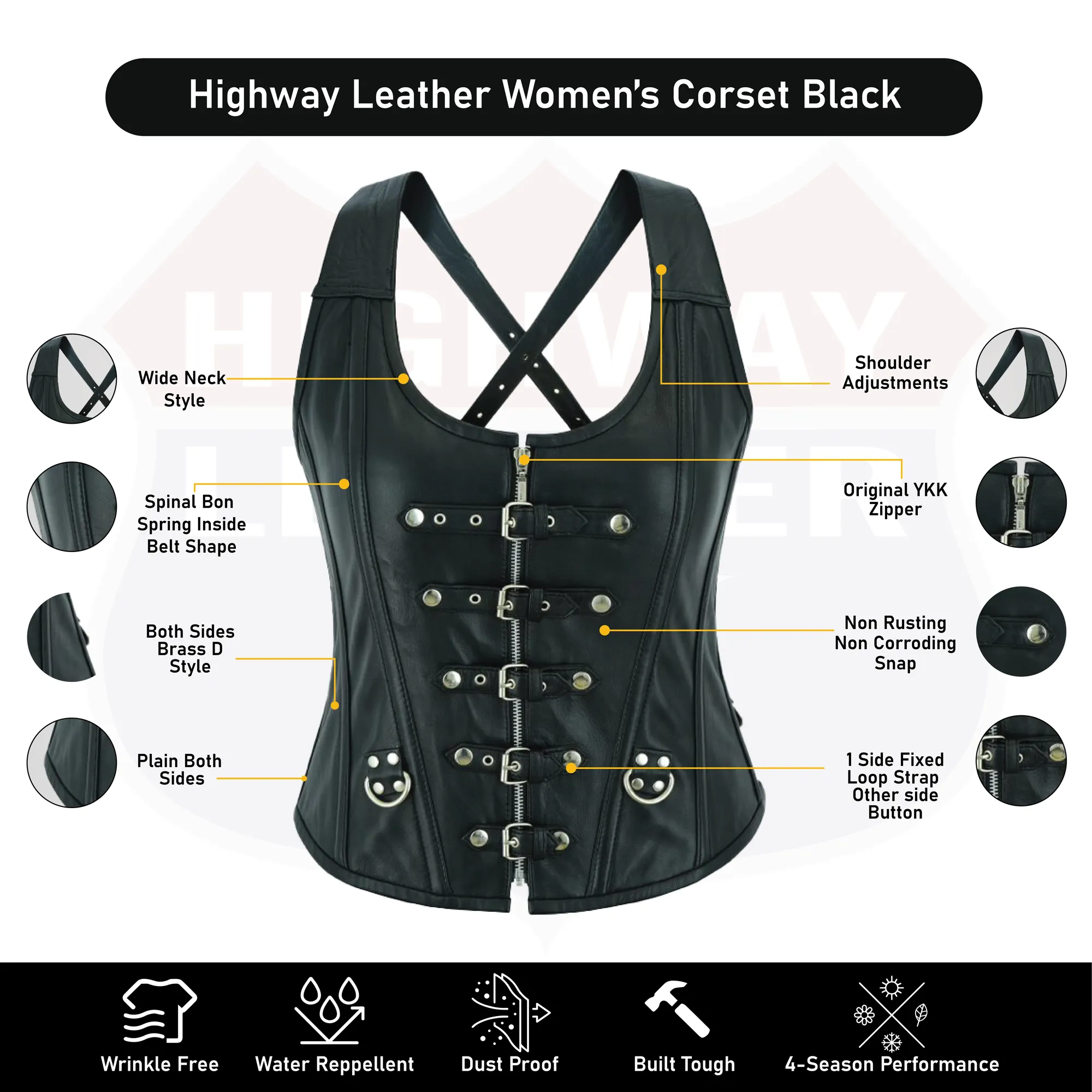HL14077BLACK Bustier Halter Shoulder Straps Womens Steel Boned Gothic Punk Rock with Buckles Steampunk Corset Top Genuine Leather Clubwear