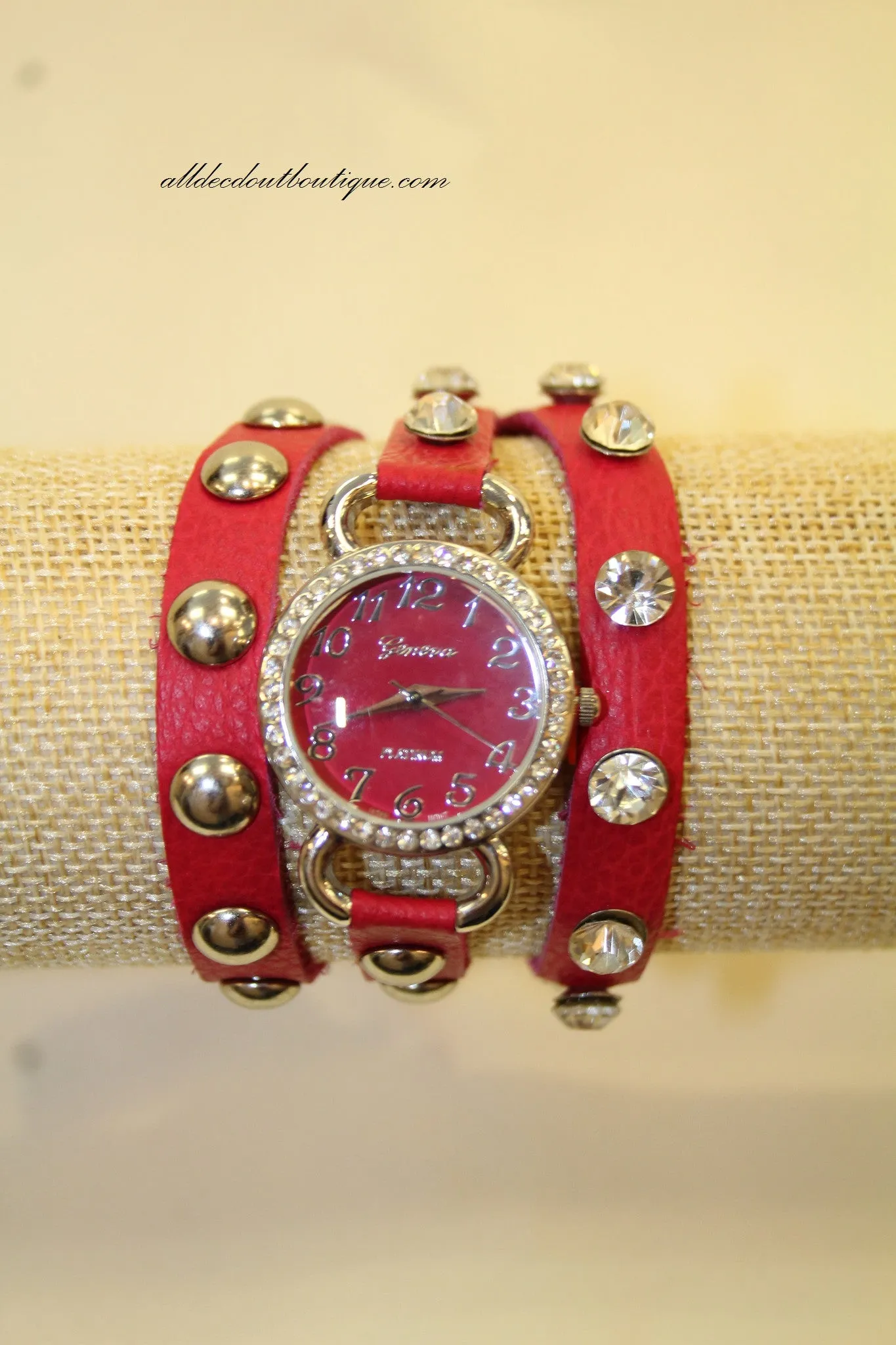 Hot Pink/Hot Pink Silver Studs & Clear Rhinestones | Leather Band w/ Button Clasp