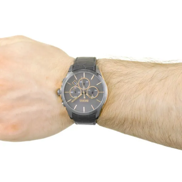 HUGO BOSS Onyx Grey Leather Strap Grey Dial Chronograph Quartz Watch for Gents - HUGO BOSS 1513366
