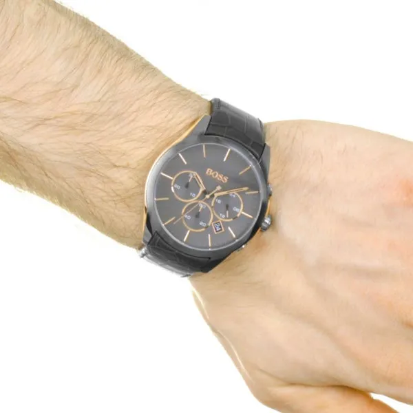 HUGO BOSS Onyx Grey Leather Strap Grey Dial Chronograph Quartz Watch for Gents - HUGO BOSS 1513366