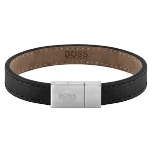 Hugo Boss Stainless Steel And Black Leather Men's Bracelet 1580033M
