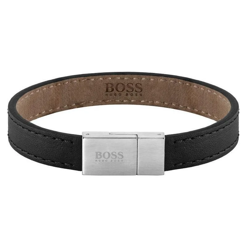 Hugo Boss Stainless Steel And Black Leather Men's Bracelet 1580033M