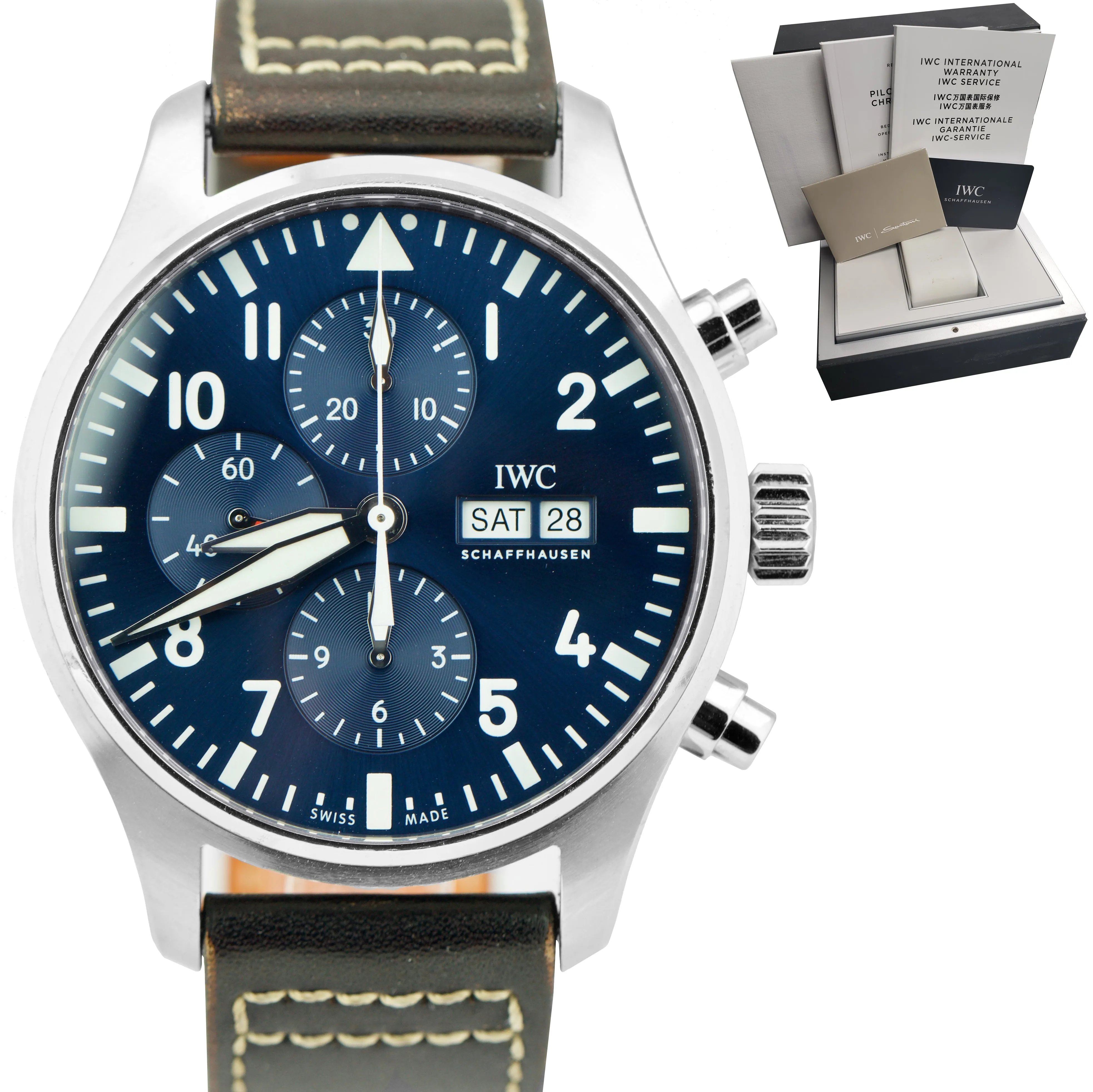 IWC Pilot Le Petit Prince Blue 43mm Watch Stainless Steel IW377714 Chronograph