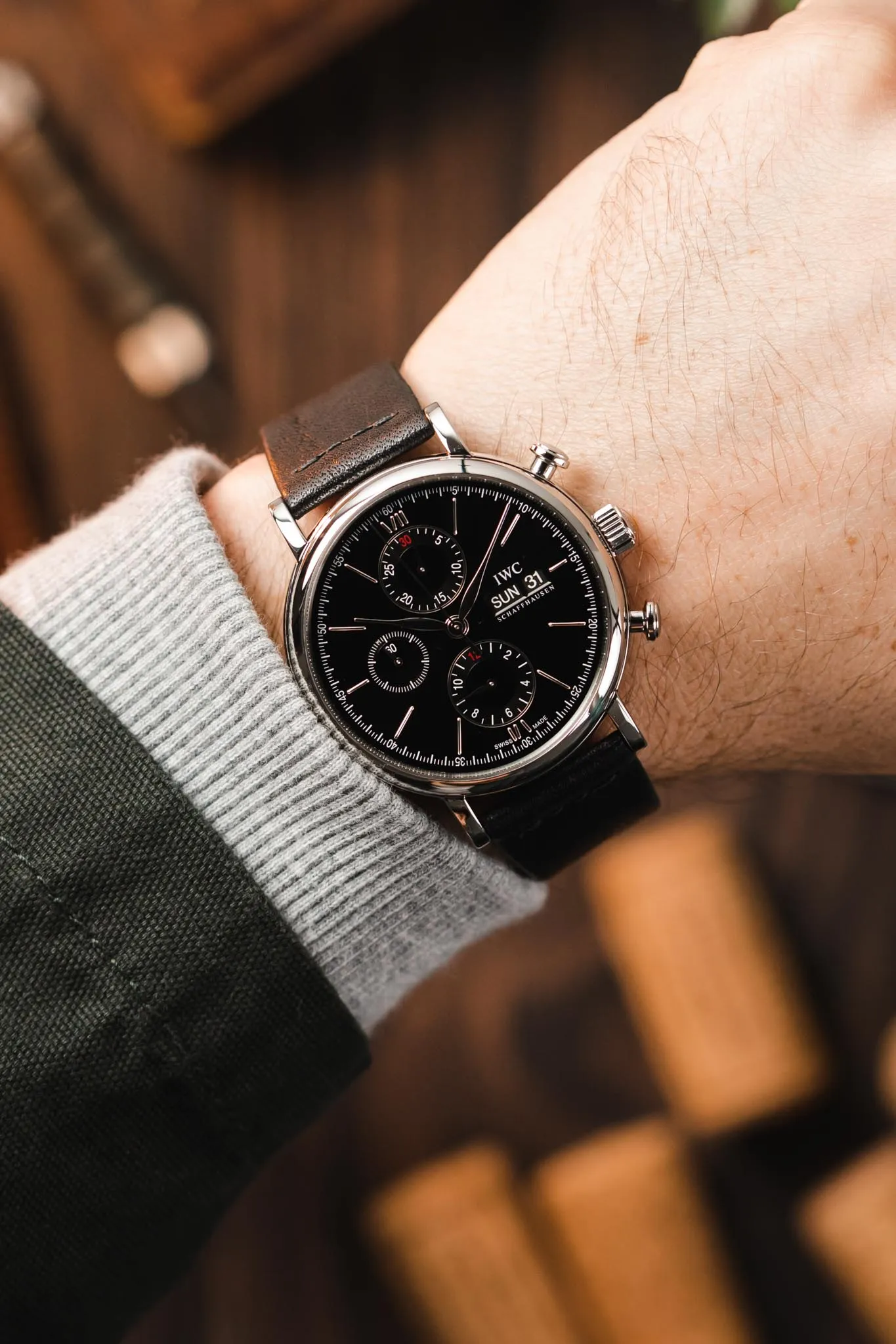 JPM Italian Vintage Leather Watch Strap with Tonal Stitch in BLACK