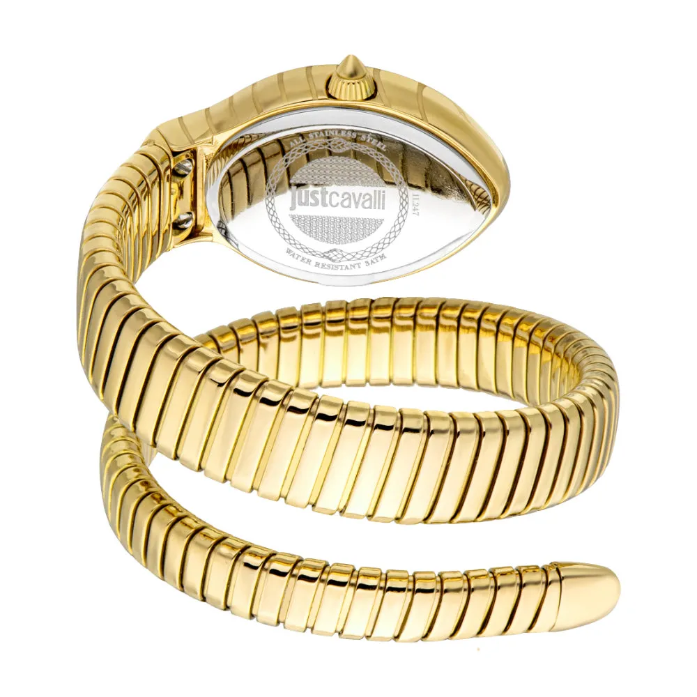 Just Cavalli Snake Shape Women's Watch - Gold Color Case Silver Dial Metal Bracelet