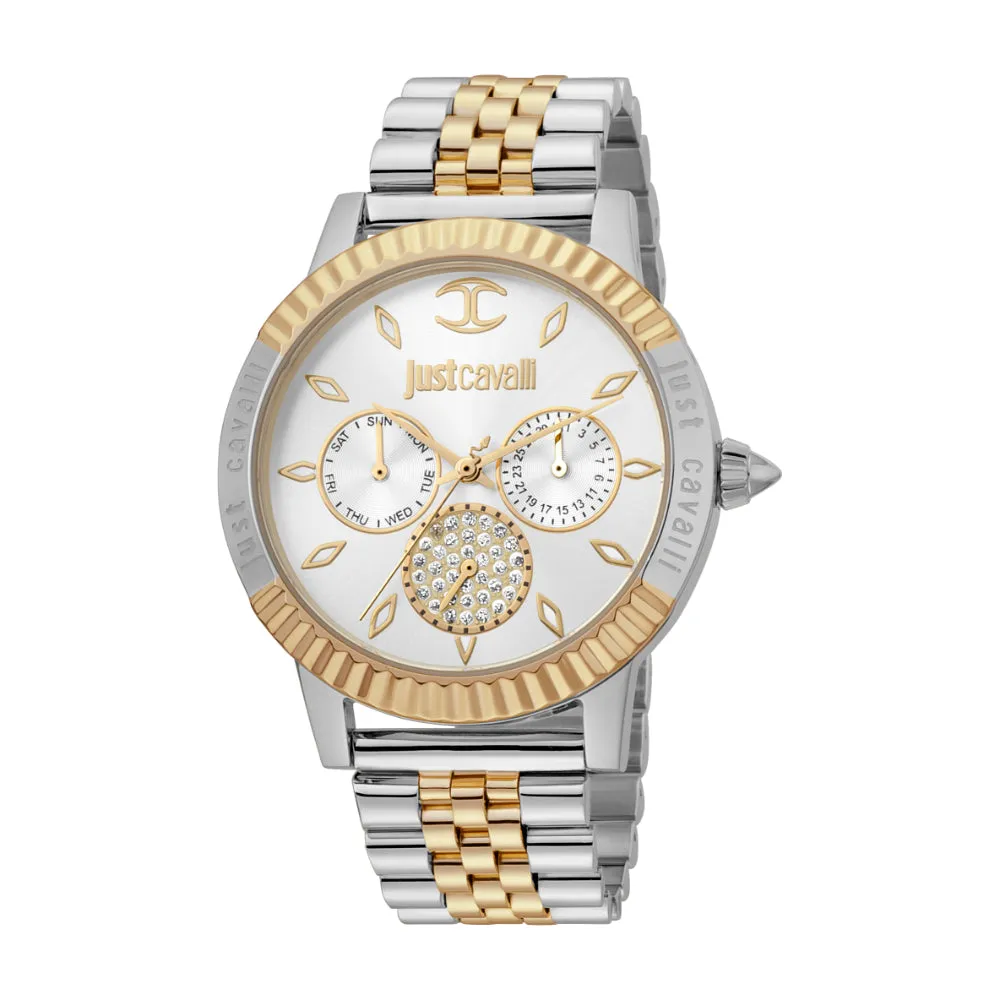 Just Cavalli Women Watch, Two Tone Silver & Gold Color Case, Silver Dial, Two Tone Silver & Gold Color Stainless Steel Metal Bracelet