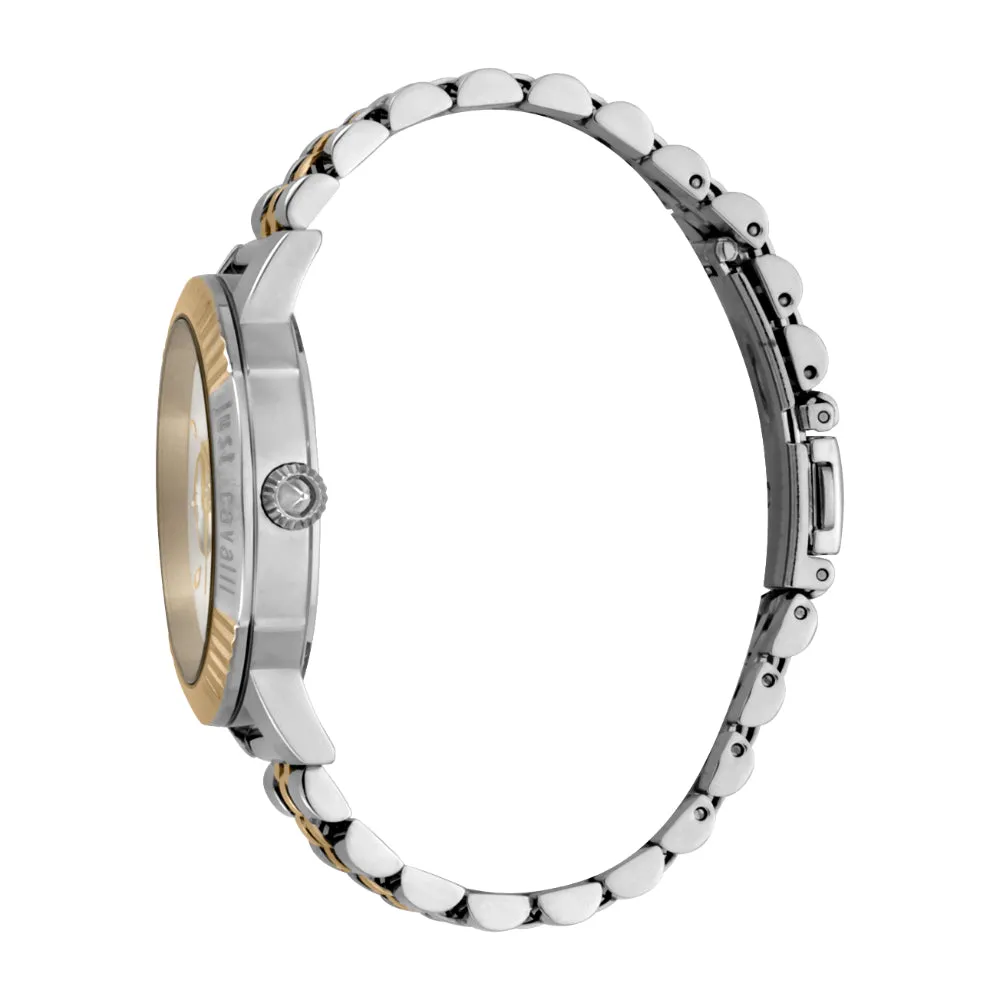 Just Cavalli Women Watch, Two Tone Silver & Gold Color Case, Silver Dial, Two Tone Silver & Gold Color Stainless Steel Metal Bracelet