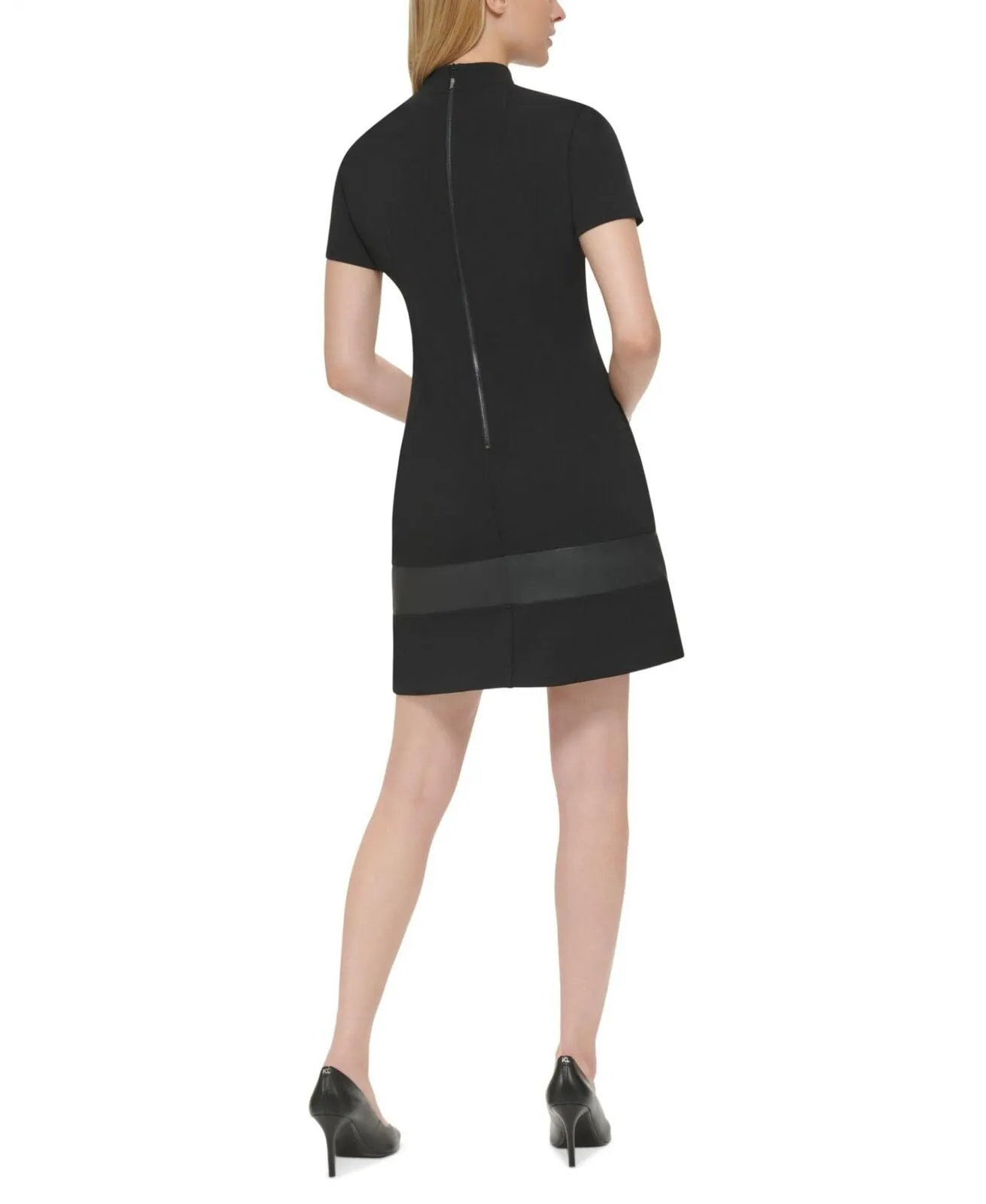 Karl Lagerfeld Paris Womens Scuba Crepe Faux-Leather-Stripe Sheath Dress
