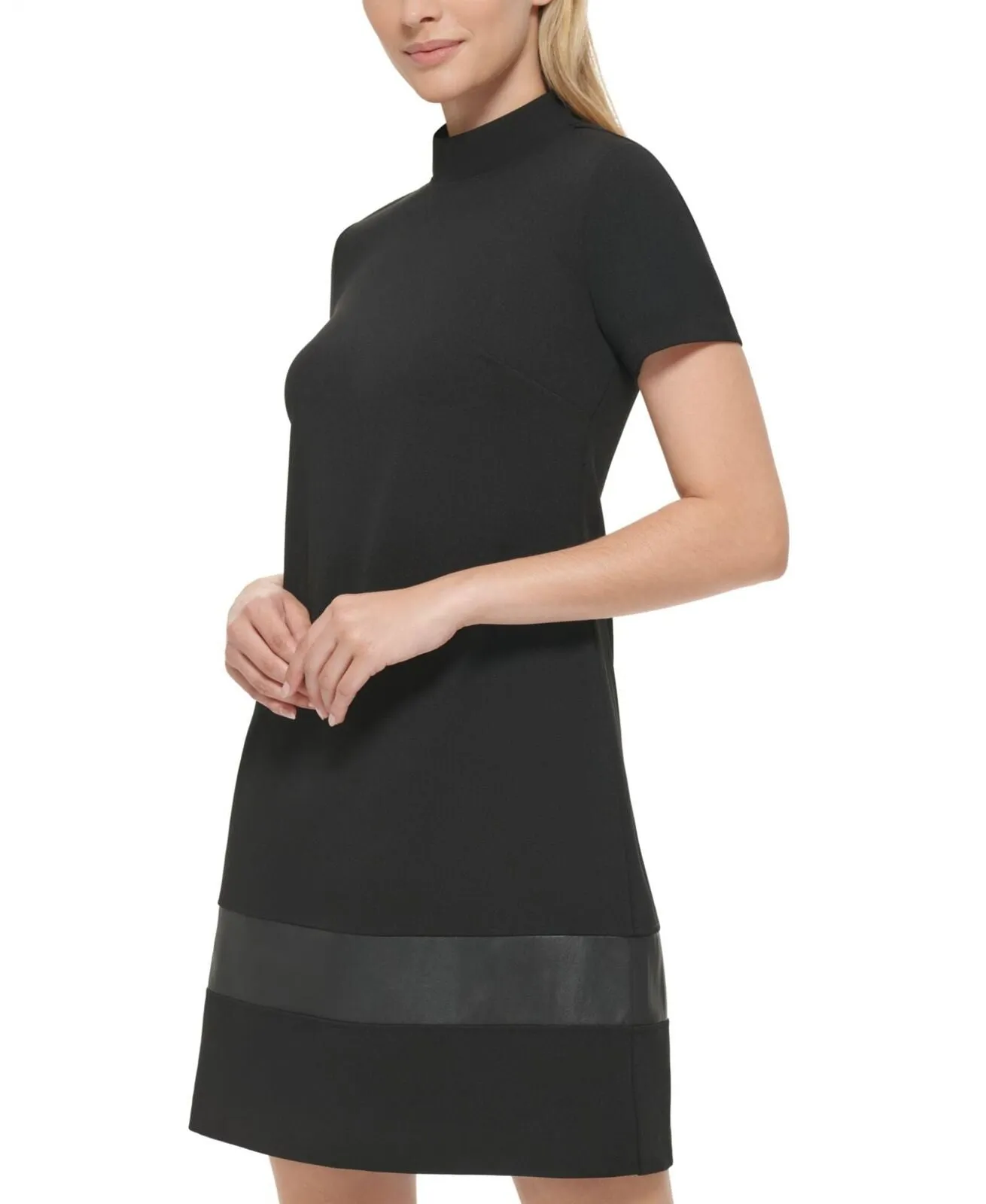 Karl Lagerfeld Paris Womens Scuba Crepe Faux-Leather-Stripe Sheath Dress