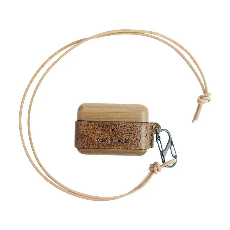 Khaki Wood Leather AirPods Pro Case with Strap Leather AirPods Case Airpod Case Cover