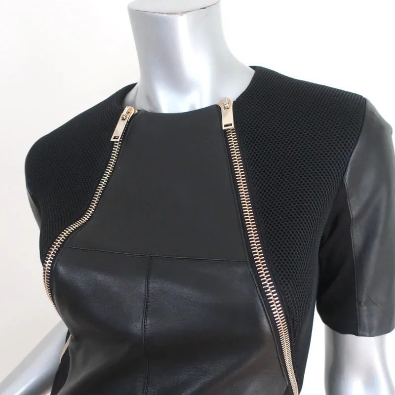 Kimora Lee Simmons Dress Black Leather & Mesh Size 6 Short Sleeve Sheath
