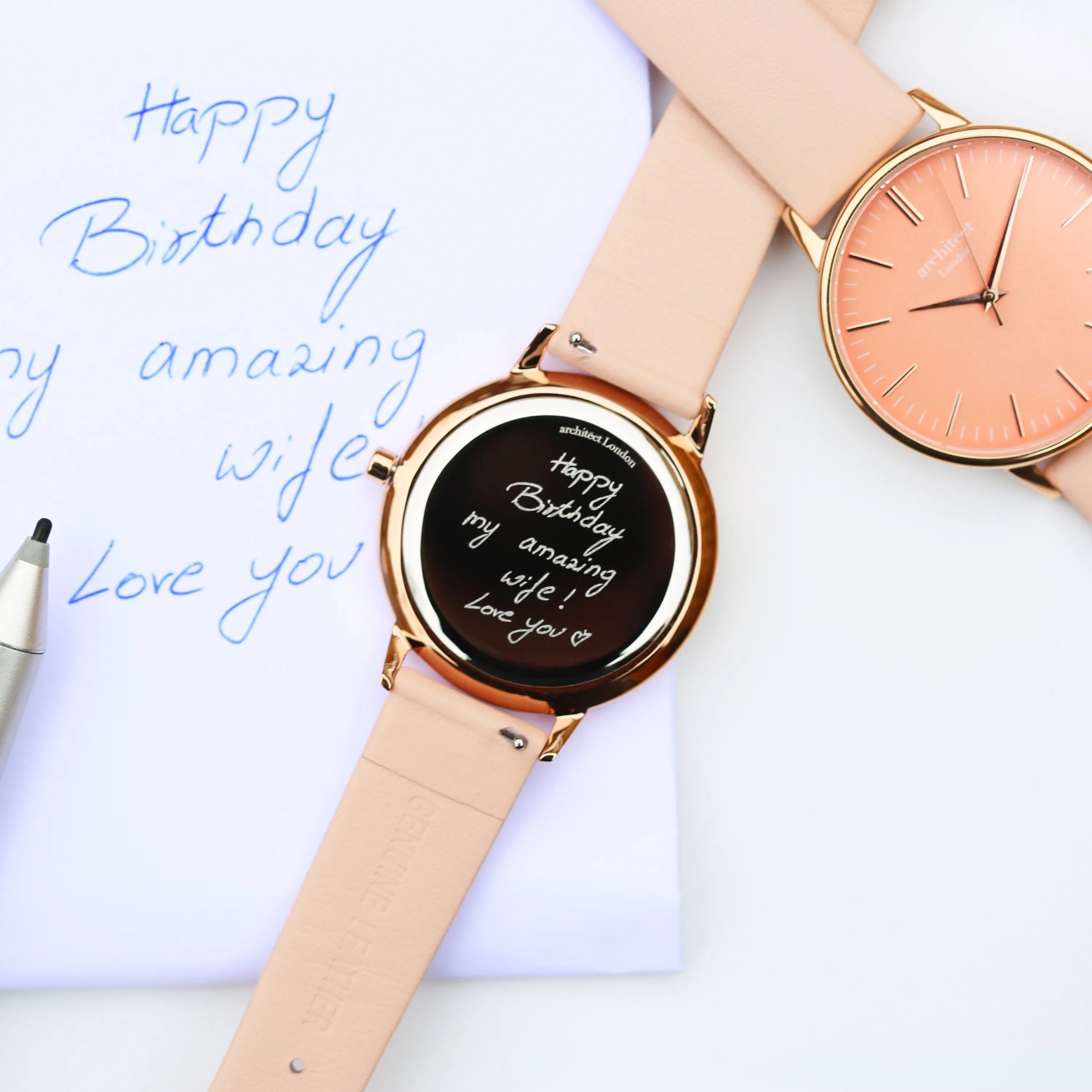 Ladies Architēct Coral - Handwriting Engraving   Light Pink Strap