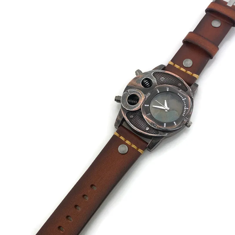 Large Watch with  Brown Leather Band Blue Dial