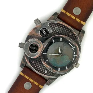 Large Watch with  Brown Leather Band Blue Dial