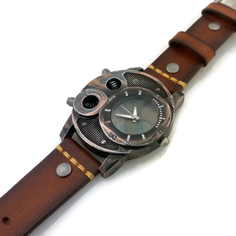 Large Watch with  Brown Leather Band Blue Dial