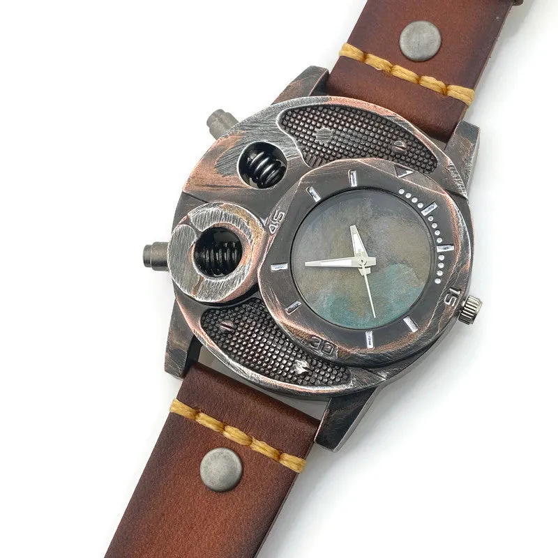Large Watch with  Brown Leather Band Blue Dial