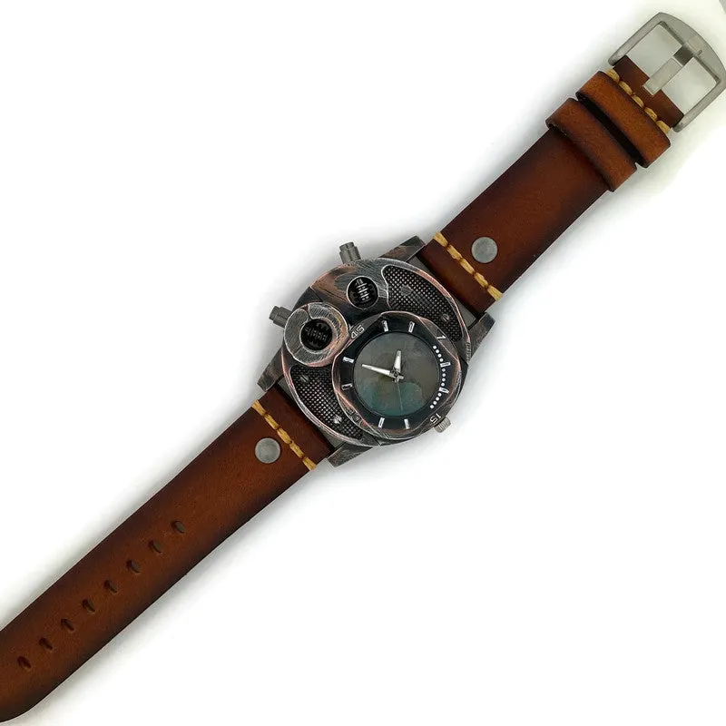 Large Watch with  Brown Leather Band Blue Dial